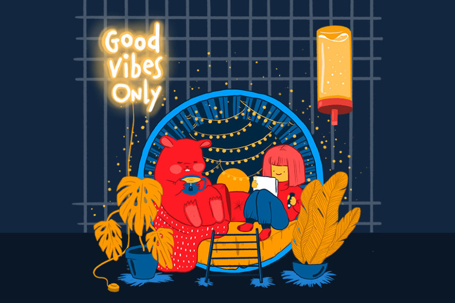 Illustration Hamsterrad Hamster Trinkflasche Good Vibes Only Lichterkette Polster Kissen Pflanzen